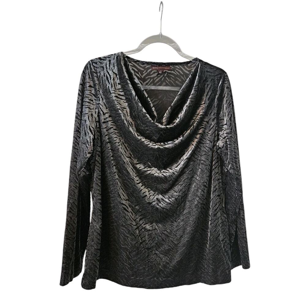 Dana Buchman Womens L Drape Neck Blouse Black Velvet Burnout Shimmery Animal